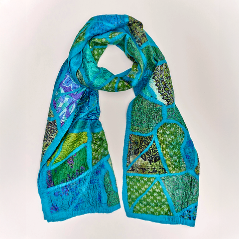 Turquoise felt silk scarf with mosaic colorful patchwork pattern.
