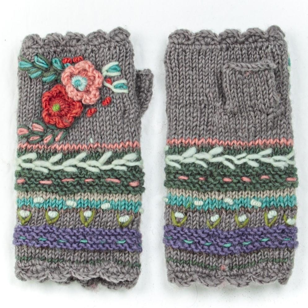 Wool fingerless gloves gray with embroidered flowers 