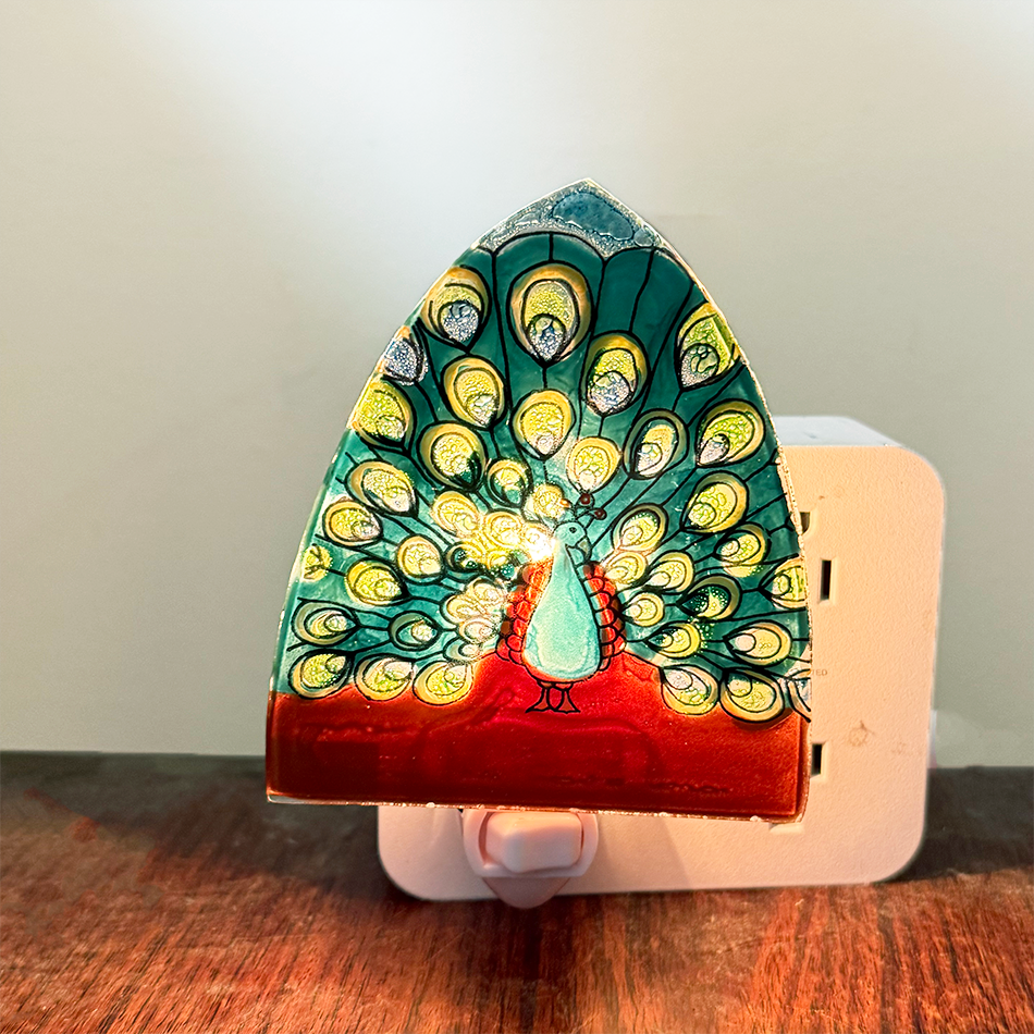 Glass nightlight with peacock design