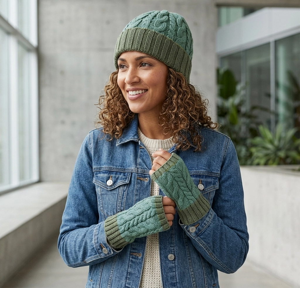 Baby alpaca hat with braided and cuff design in greens on model