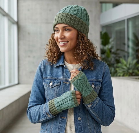 Baby alpaca hat with braided and cuff design in greens on model