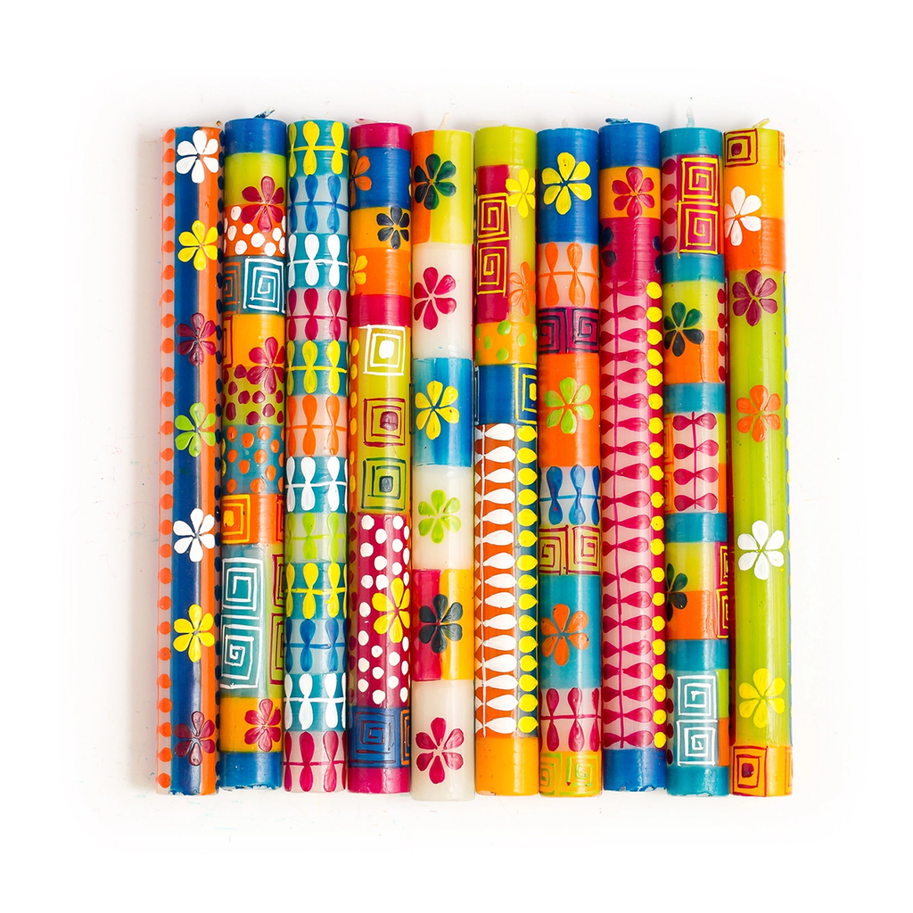 Hand-painted dinner candles orange, yellow, blue design