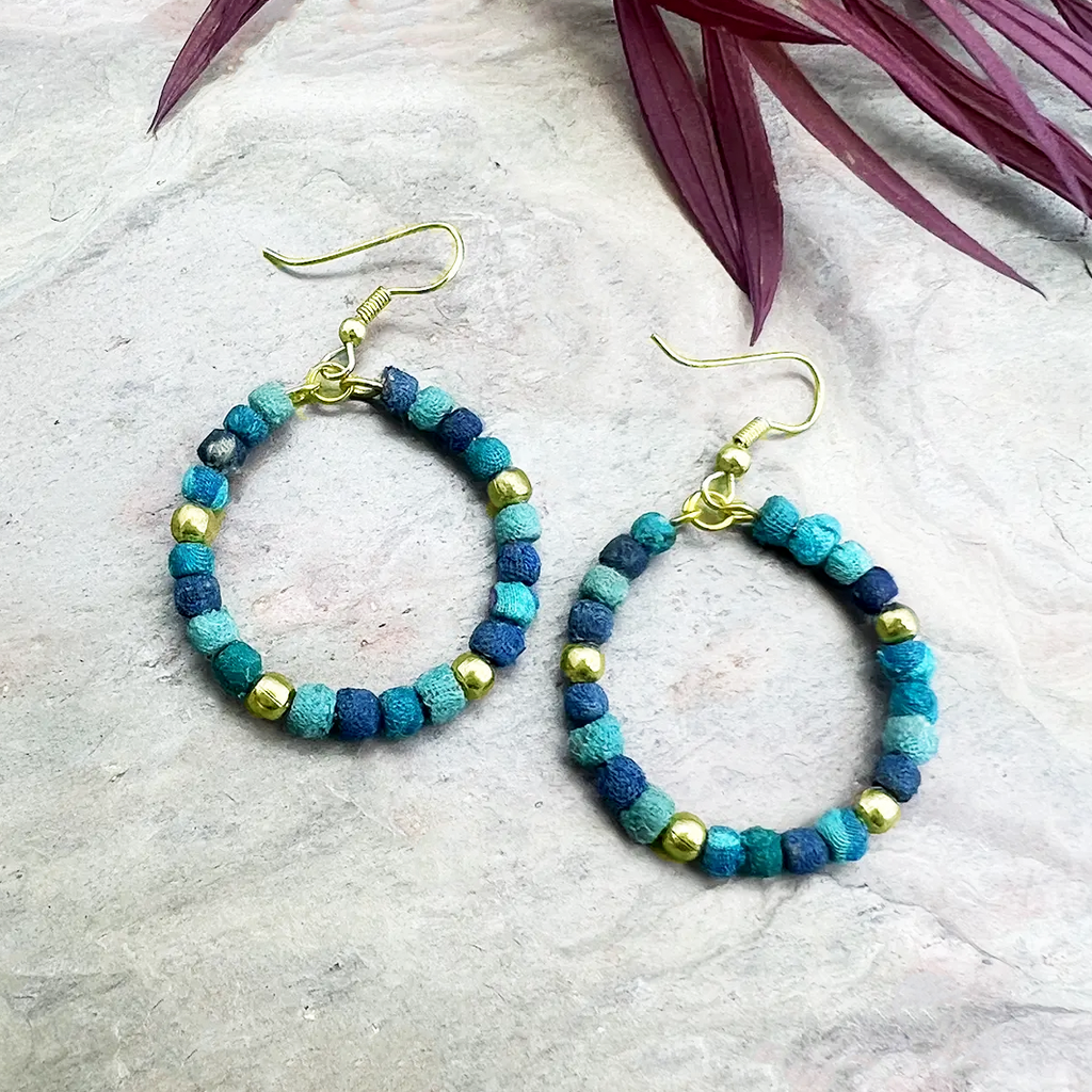 Blue sari fabric and gold hoop earrings