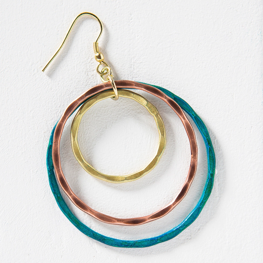 Hoops earrings with 3 hoops, brass, copper and teal blue