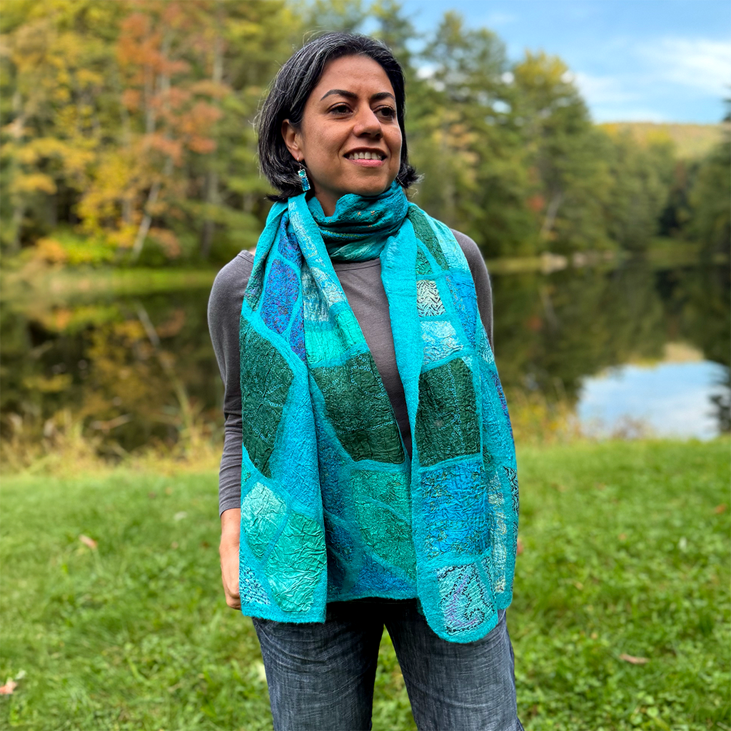 Turquoise felt silk scarf with mosaic colorful patchwork pattern.