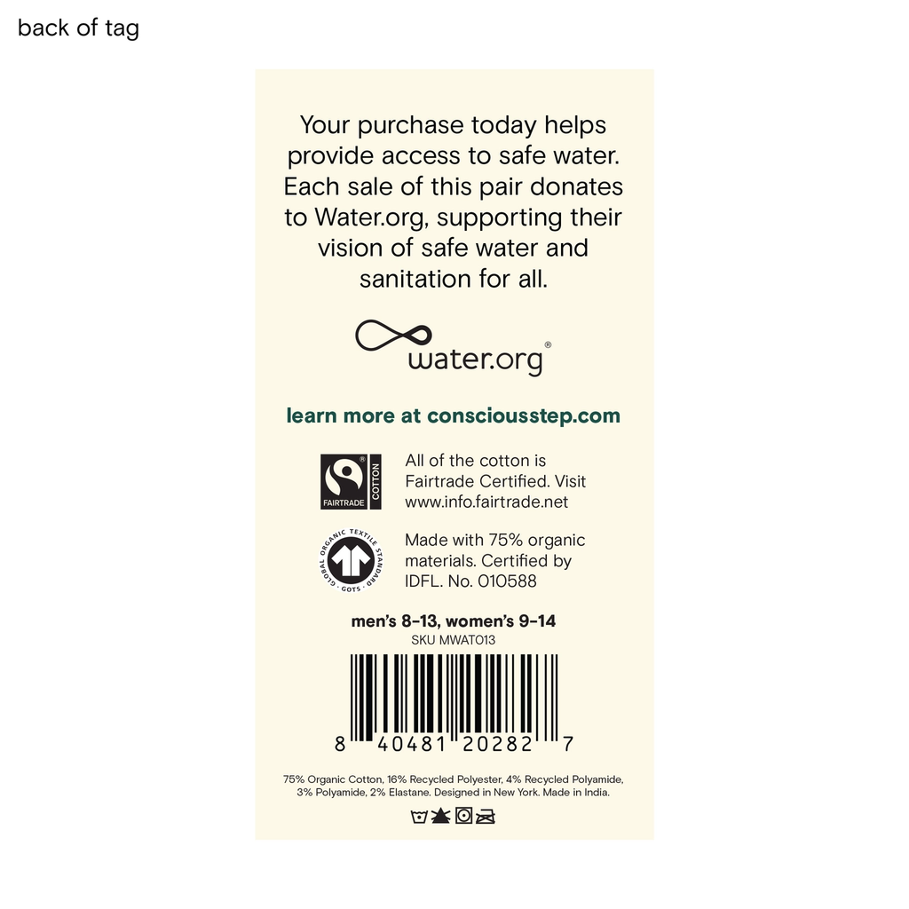 Back of tag on socks that describes the donation for clean water