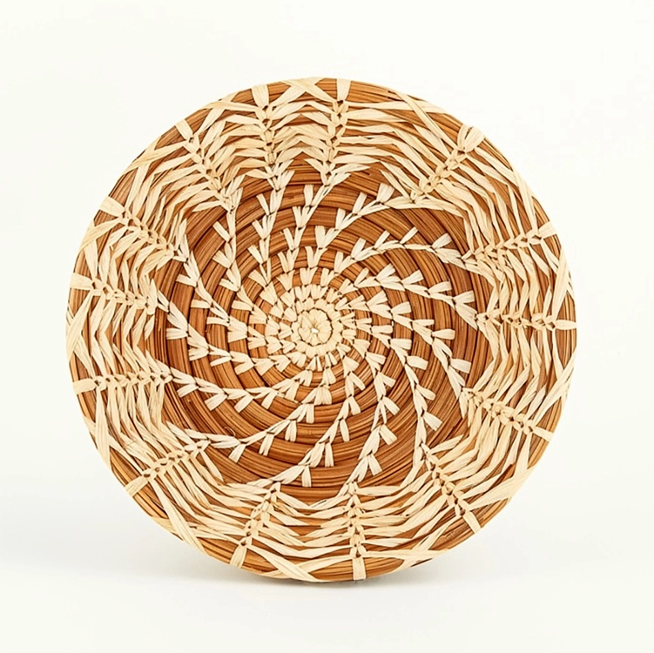 Small shallow round pine needle basket