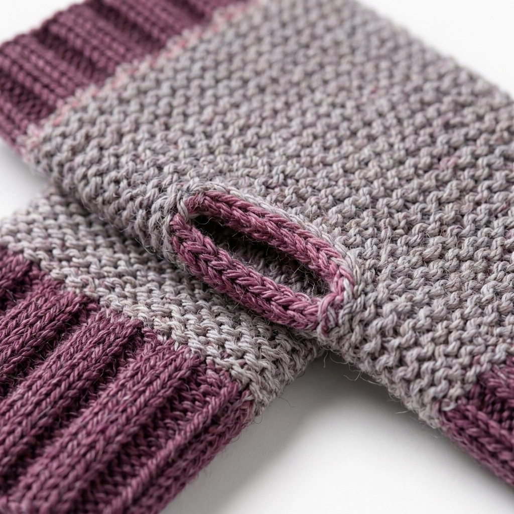 Close up of gray and purple alpaca fingerless gloves