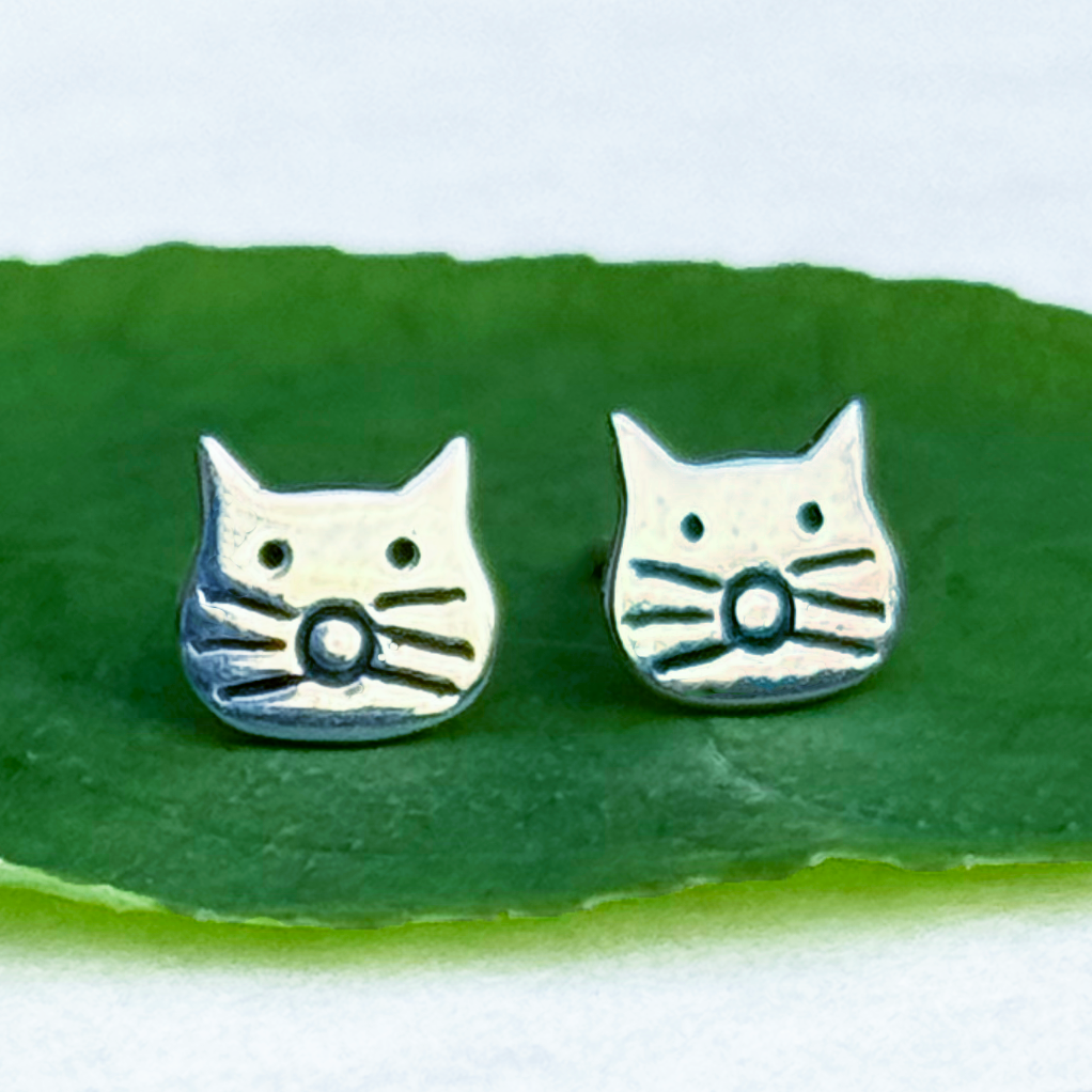 Tiny sterling silver studs with cat face and whiskers