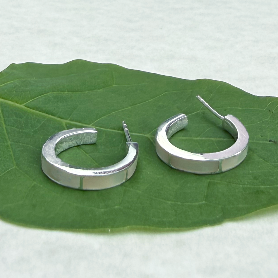 Sterling silver mother-of-pearl inlayed huggies earrings