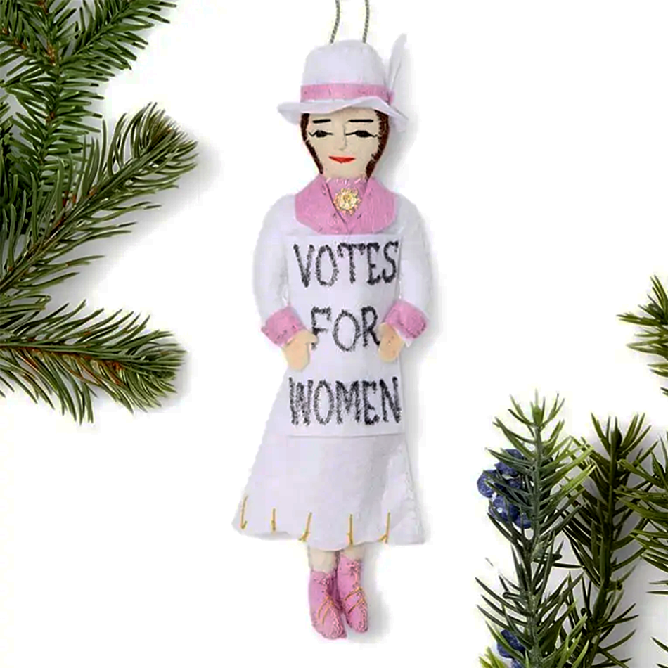 Felted ornament of white suffragette that says votes for women