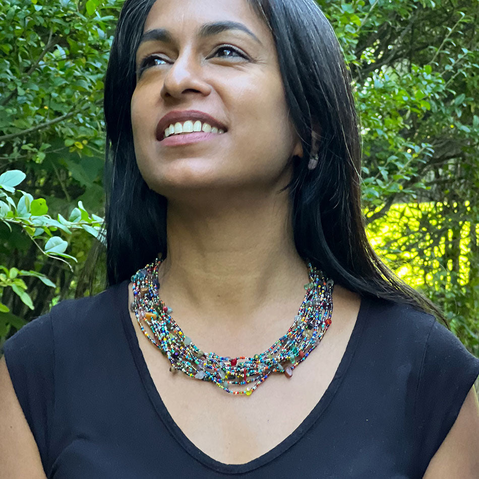 Fair trade beaded necklace handmade by artisans in Guatemala on model