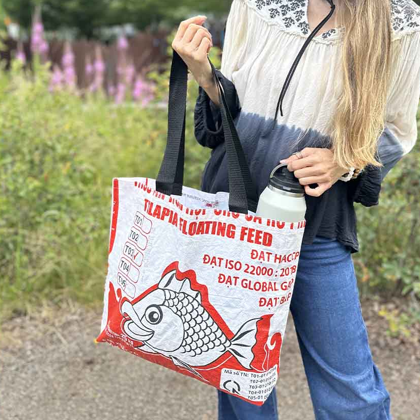 Recycled Feed Bag Tote - Red Fish, Cambodia