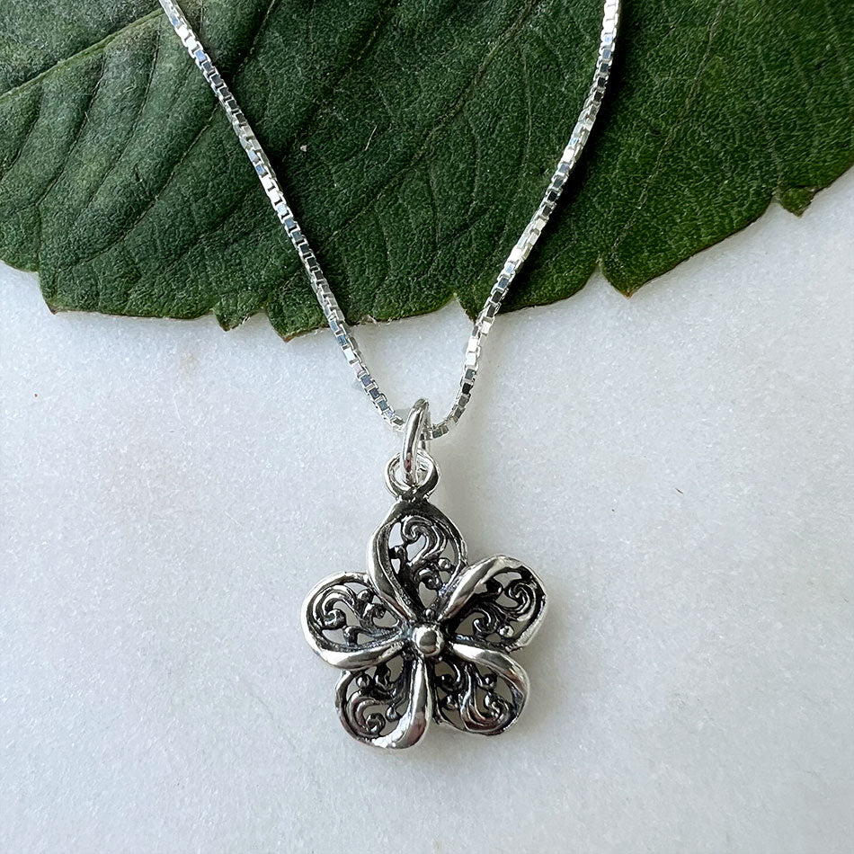 Ethically handmade sterling silver flower filigree necklace
