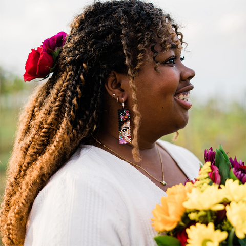 Fair trade beaded Frida Kahlo statement earrings.