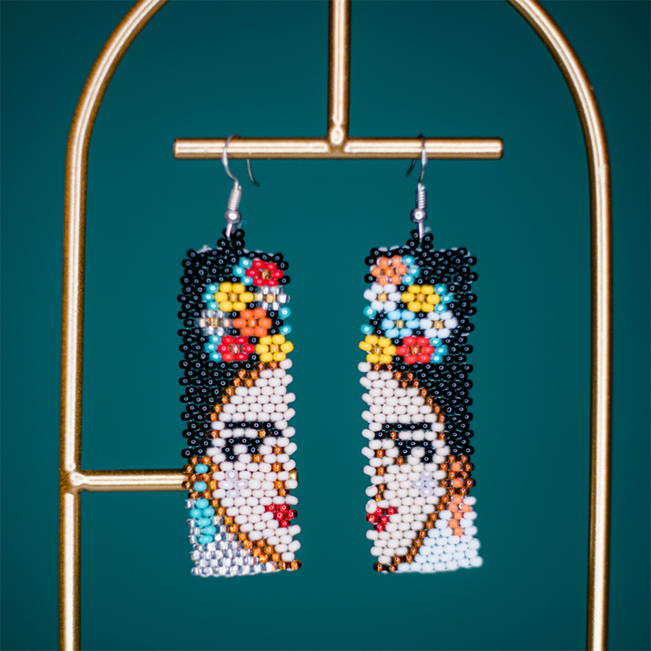 Fair trade beaded Frida Kahlo statement earrings.