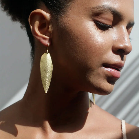 Fair trade brass leaf statement earrings