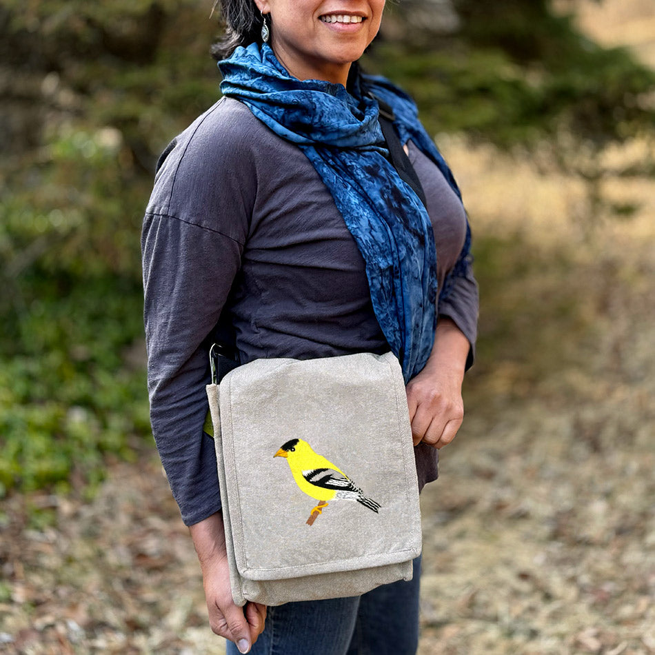 Fair trade goldfinch cotton field bag handmade by artisans in Nepal.