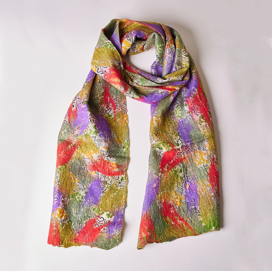Work of Art FeltedWool/ Silk Scarf - Olive Multi, Nepal