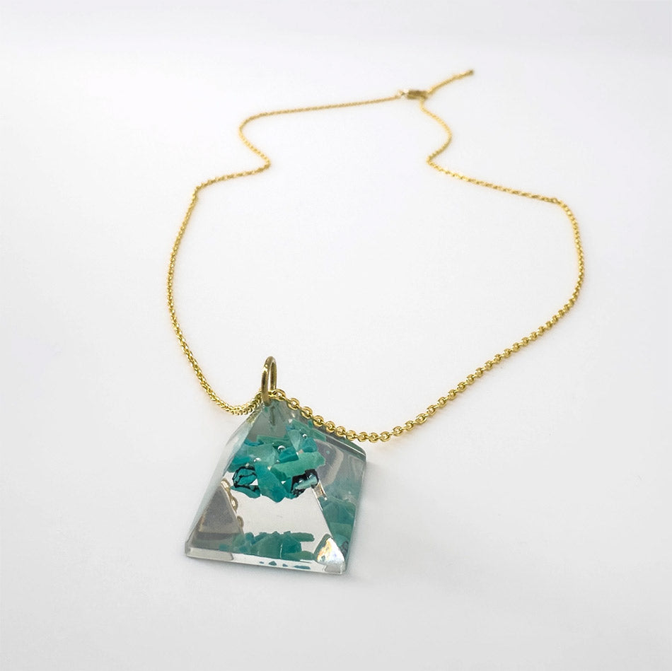Fair trade pyramid eco resin necklace handmade by artisans in Colombia.