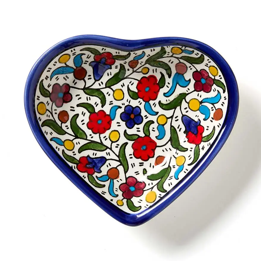 Fair trade hand-painted ceramic heart dish  with flowers.