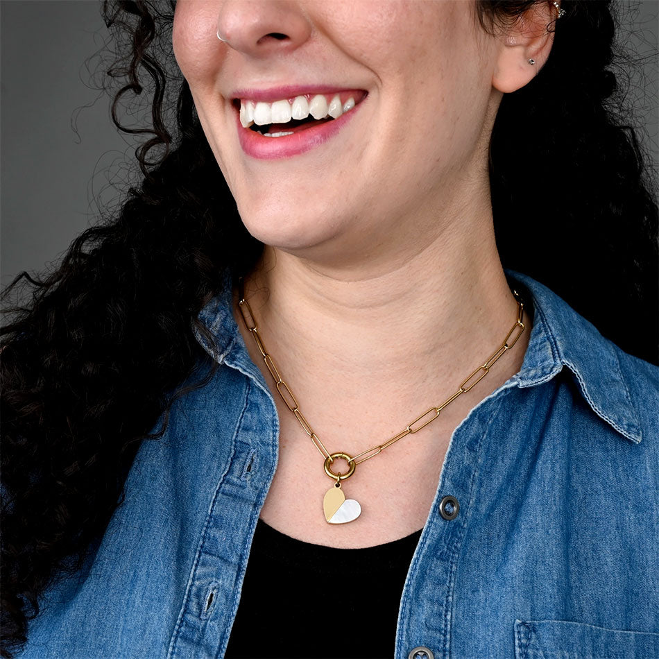 Heart necklace gold with pearl and chunky chain handmade by survivors of human trafficking.