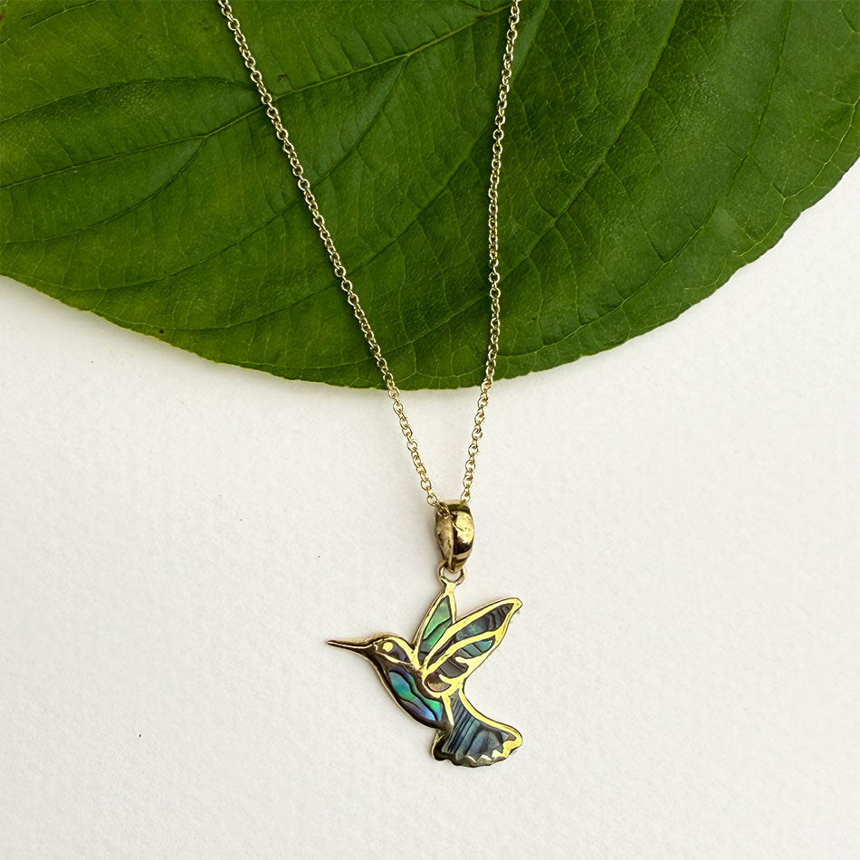 Abalone Hummingbird Necklace - Brass, Indonesia