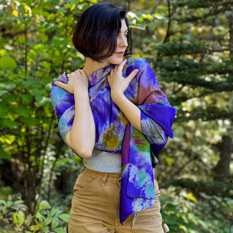 Impressionist Patchwork Silk Scarf -Purple, Nepal