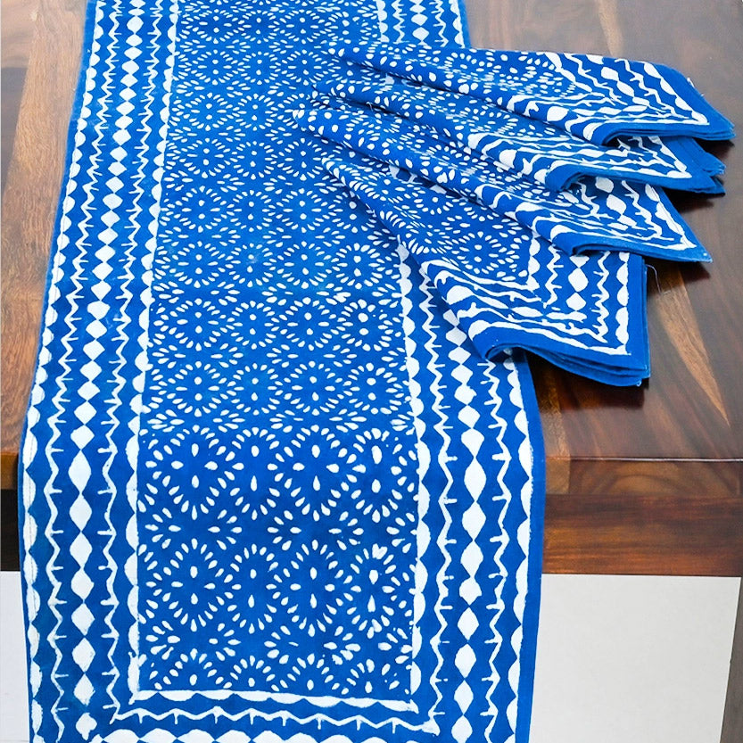 Fair trade block print indigo table runner