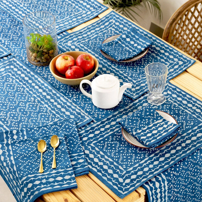 Fair trade block print indigo table runner