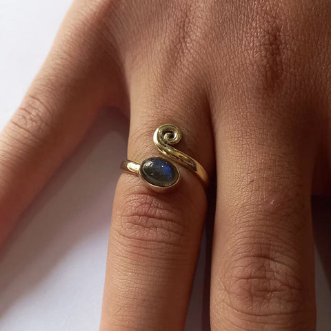 Fair trade labradorite brass adjustable ring