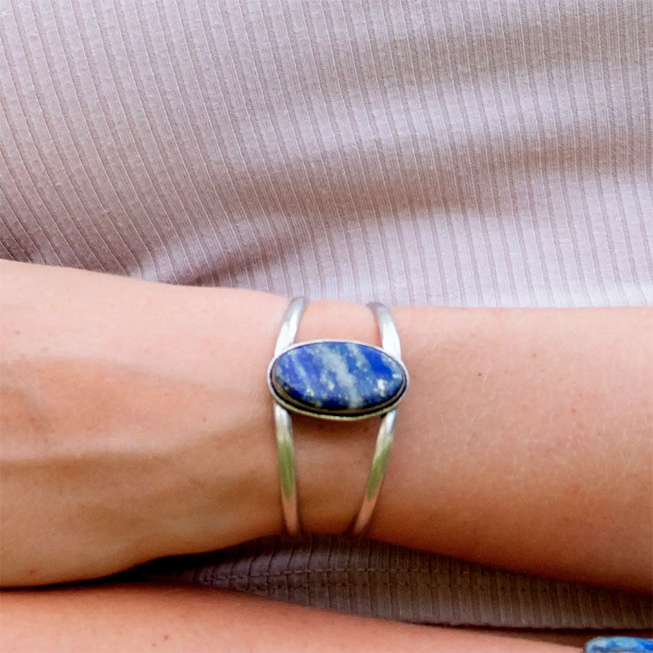 Ethically handmade lapis silver cuff bracelet