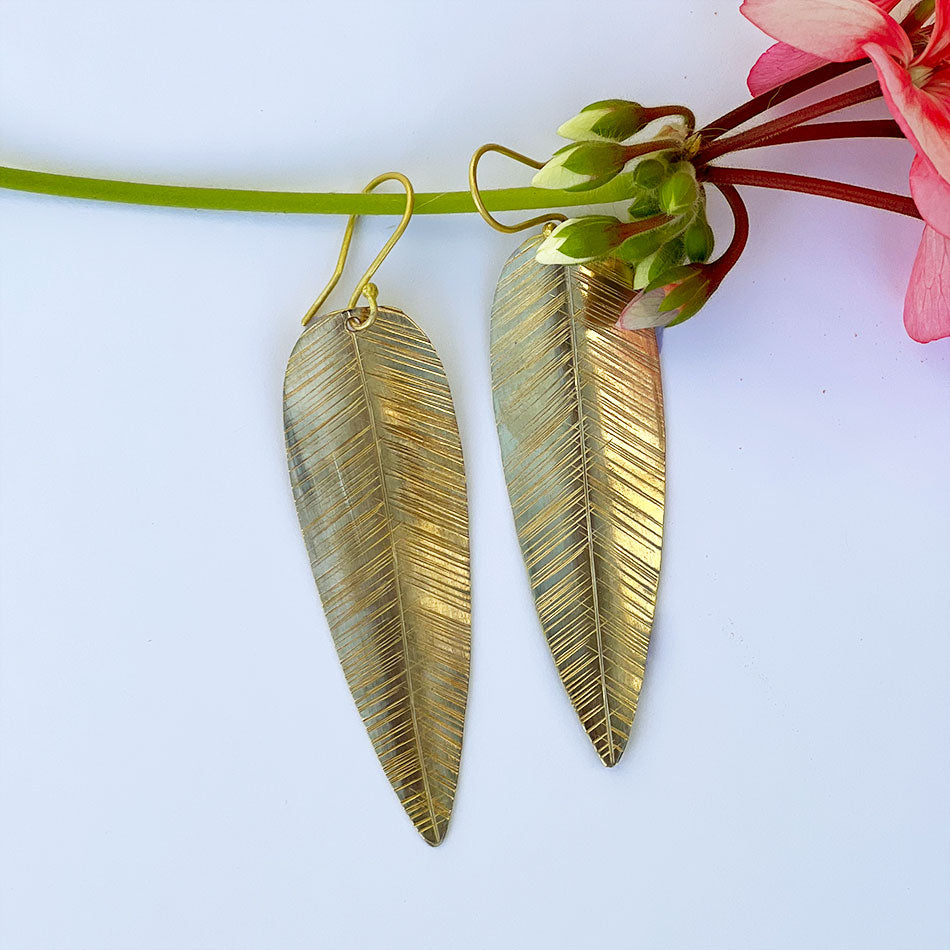 Fair trade brass leaf statement earrings