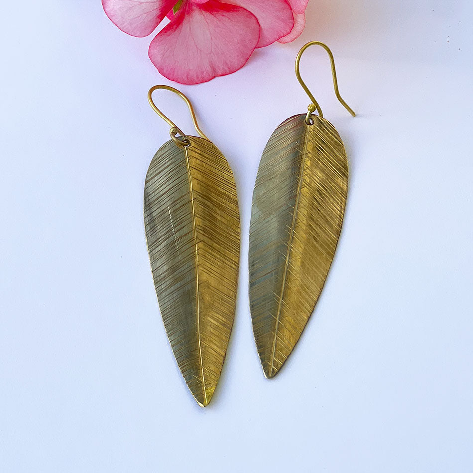 Brass leaf statement earrings fair trade