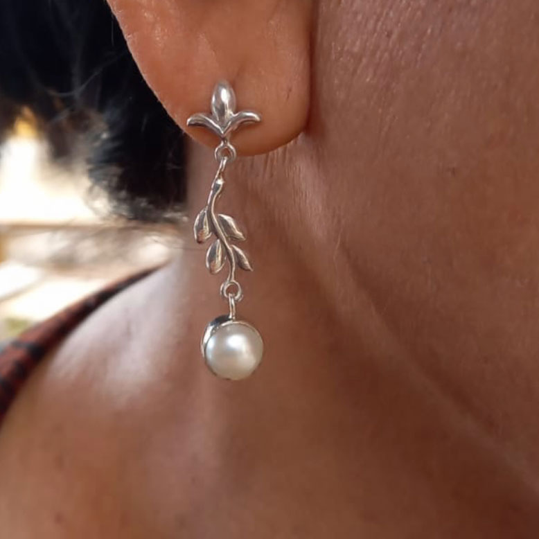 Leafy Pearl Earrings - Sterling Silver, Indonesia