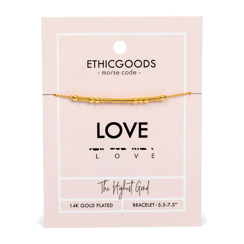 Gold morse code love bracelet handmade by survivors of human trafficking in Thailand