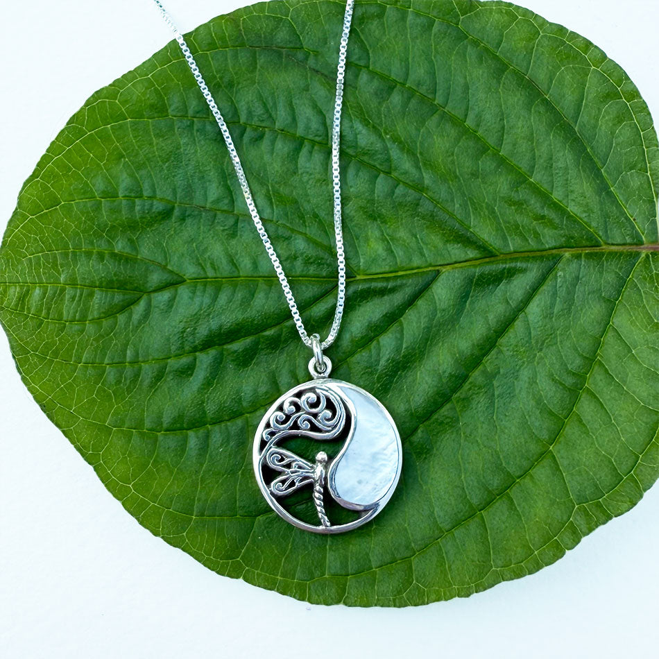 Fair trade sterling silver dragonfly mother of pearl necklace