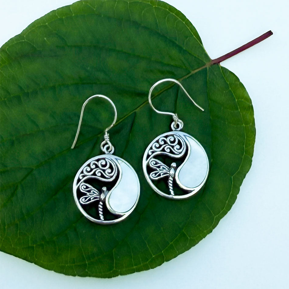 Mother-of-Pearl Dragonfly Circle Earrings - Sterling Silver, Indonesia