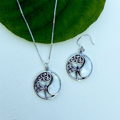 Mother-of-Pearl Dragonfly Circle Earrings - Sterling Silver, Indonesia