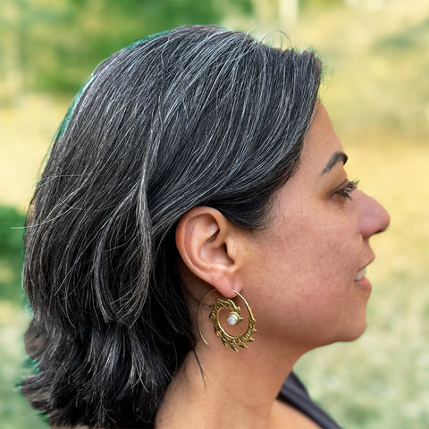 Fair trade moonstone brass spiral earrings