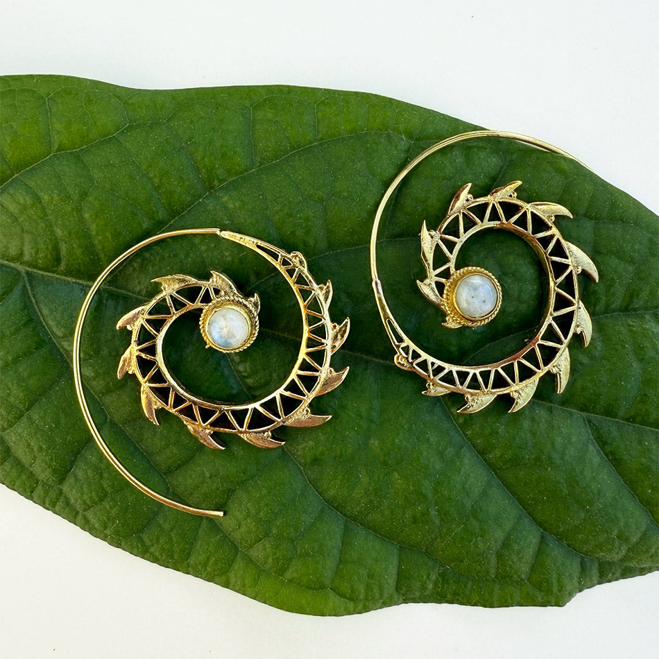 Fair trade moonstone brass spiral earrings