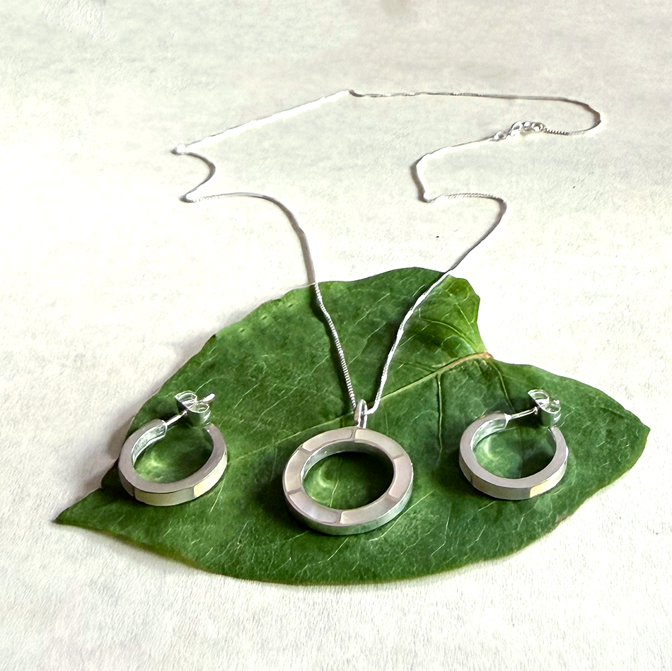 Sterling silver mother-of-pearl inlayed huggies and necklace