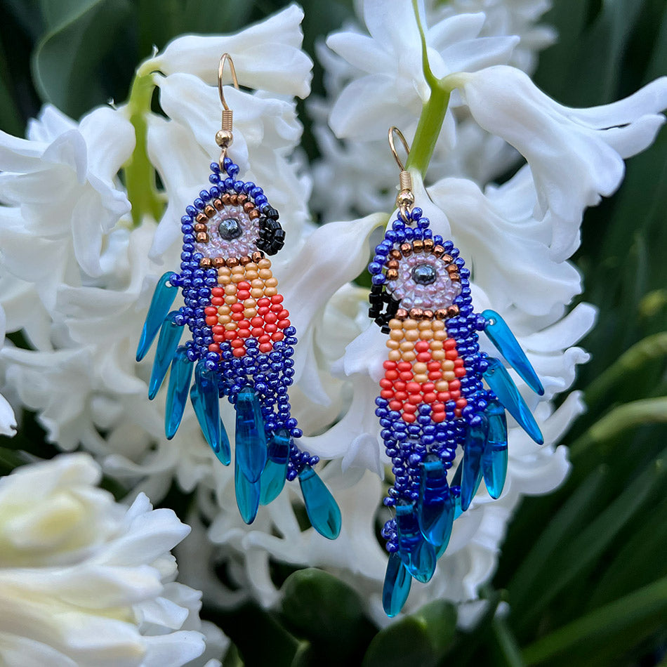 FAir trade beaded parrot earrings handmade in Guatemala