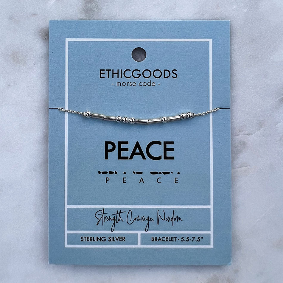 Morse code peace sterling silver bracelet handmade by survivors of human trafficking in Thailand
