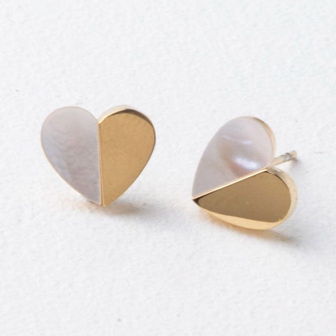 Fair trade pearl heart studs handmade by survivors of human trafficking