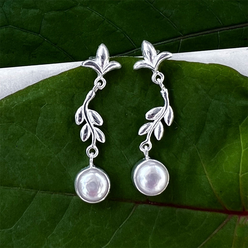 Leafy Pearl Earrings - Sterling Silver, Indonesia