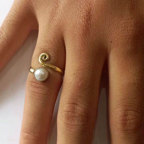 Fair trade brass pearl adjustable ring