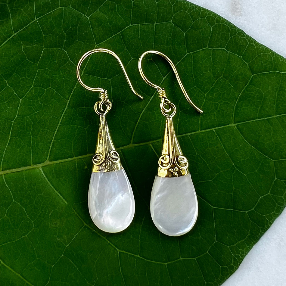 Mother-of-Pearl Filigree Earrings - Brass, Indonesia