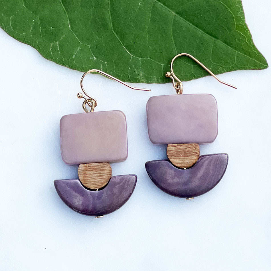 Fair trade purple tagua earrings handmade in Ecuador