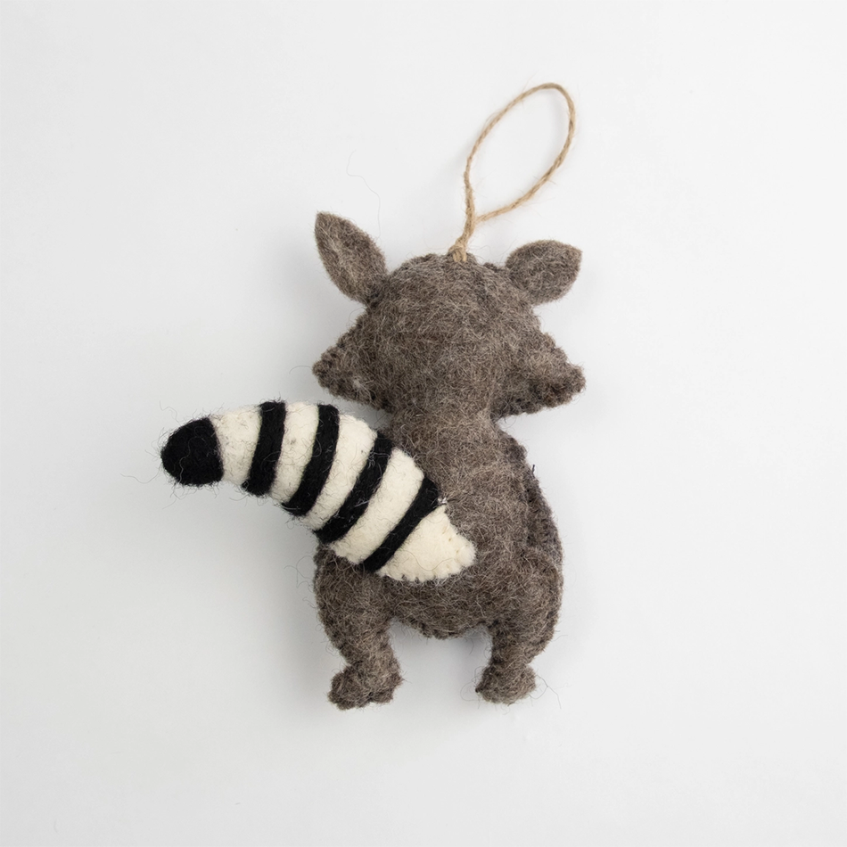 Felted gray raccoon ornament back side with tail